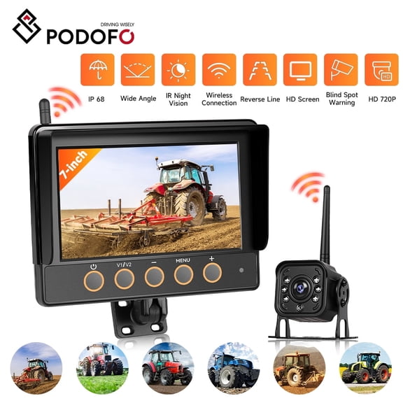 Wireless Backup Camera Kit with 7 inch Monitor, IP68 Waterproof HD 720P IR Night Vision Rear View Camera a BSD Supports Manual Focus for Tractor,Truck,Trailer,Wagon,Seeder,Excavator,Loader
