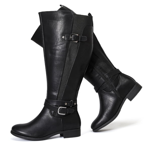 Love Steetly Women's Extra Wide Calf Knee High Boots, Adjustable Buckle Riding Boots, Low Block Heel Side Zipper Tall Boots for Curvy Legs.