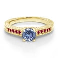 thumbnail image 2 of Gem Stone King 18K Yellow Gold Plated Silver Ring Round Persian Blue Moissanite and Created Ruby Red (0.95 Cttw, Size 5), 2 of 5