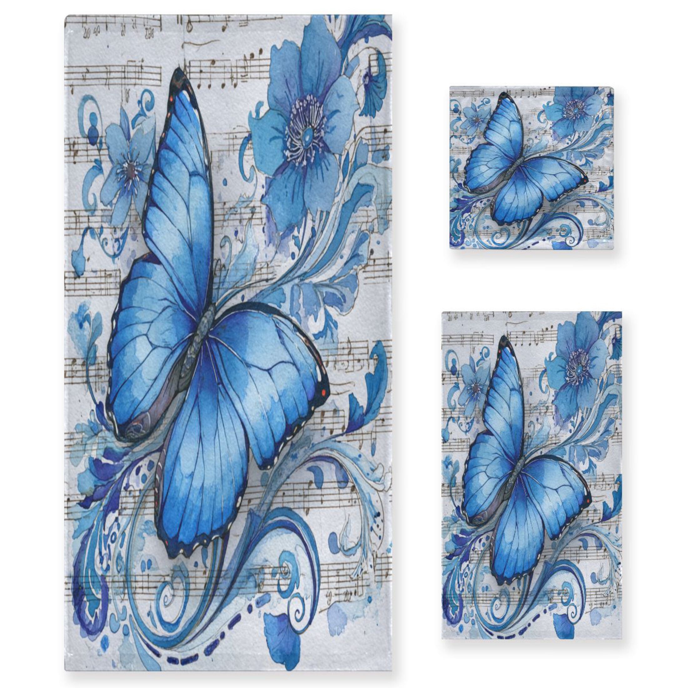 3 Sizes of Towel Sets Including Bath Towel Hand Towel and Washcloth for Daily Use Fantasy Butterfly on Sheet Music
