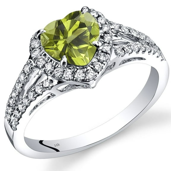 PEORA 14K White Gold 1.65 Carats Peridot and Diamond Sweetheart Ring, Natural Gemstones, AAA Grade Heart Shape