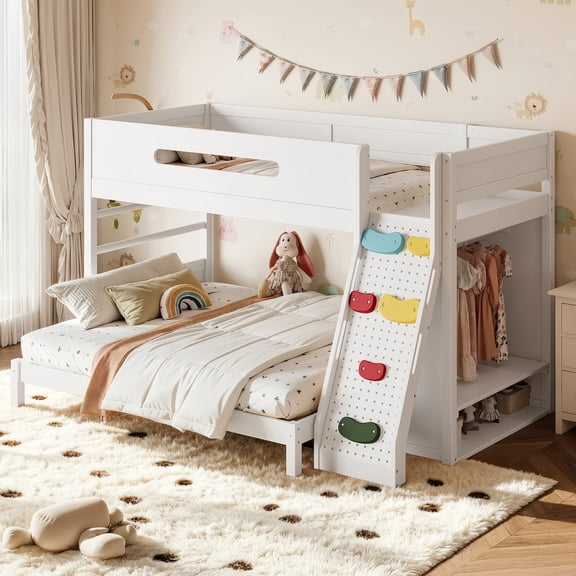 DRNANLIT Twin XL over Queen Bunk Bed with Wardrobe & Storage, Climbing Design, Solid Wood, White