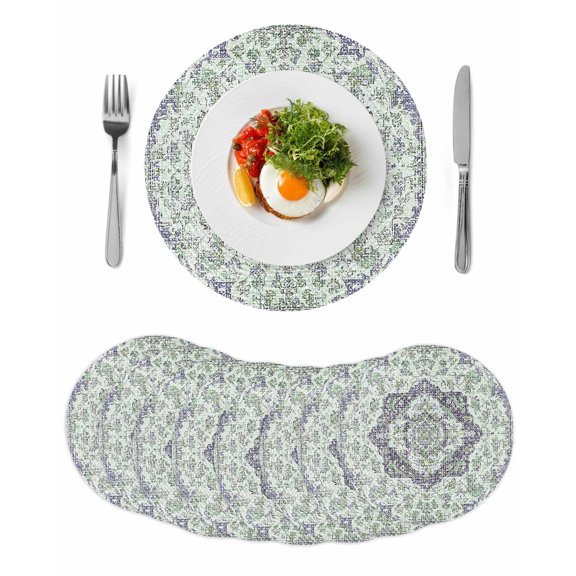 Green Purple Boho Round 15 Inch Placemats Set of 8, Vintage Abstract Art Floral Ethnic Tribe HeatResistant Non Slip Place Mats for Dining Table, Wipeable Braided Kitchen Table Mats for Housewarming