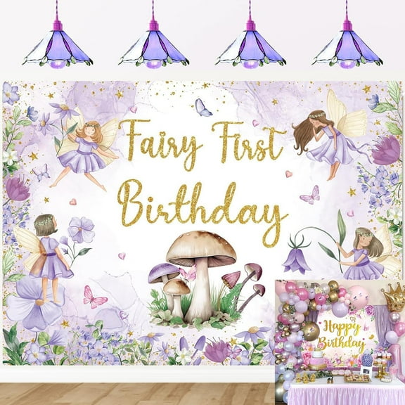 Fairy First Birthday Backdrop for Girls Purple Floral 1st Birthday Photography Background Spring Butterfly Flowers Magical Princess Fairy Birthday Party Decorations Banner Supplies Photo Booth Props