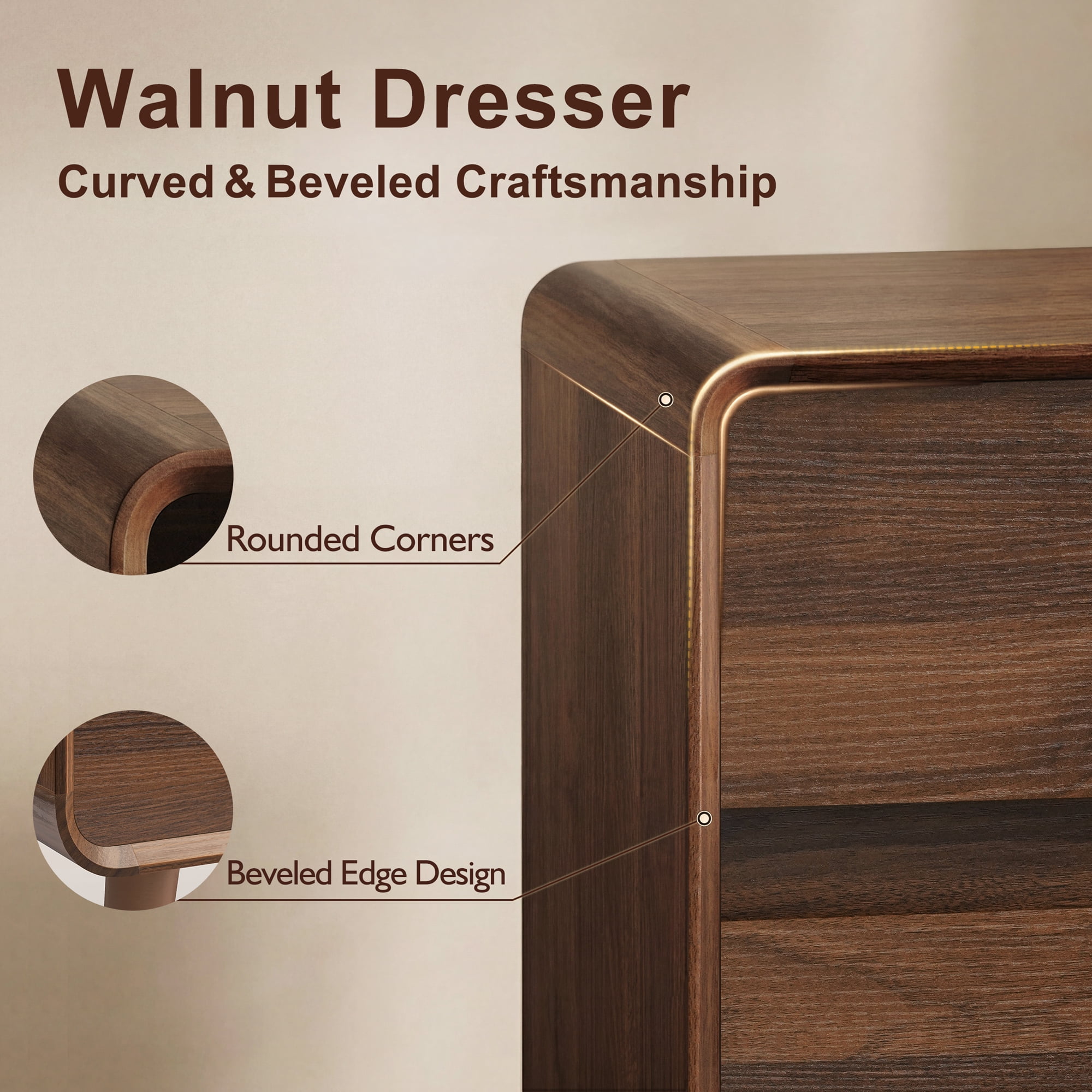 Bedroom Dresser with 6 Drawers, Tall Dresser, Wood Walnut Dresser for Bedroom, 47.2"W x 15.8"D x 30.7"H