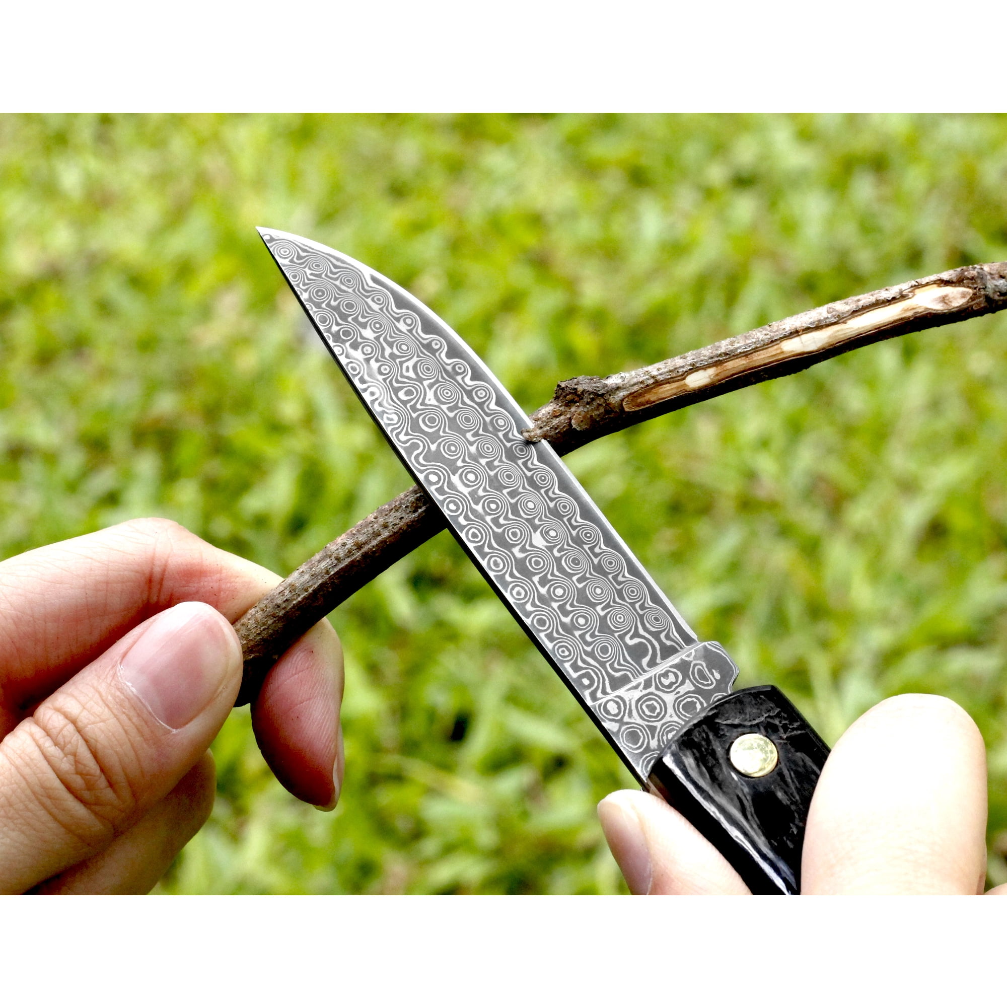 YOUSUNLONG Folding Knife - Pocket Knife Overall 190mm Japanese Damascus Steel Blade Natural Buffalo Horn Handle