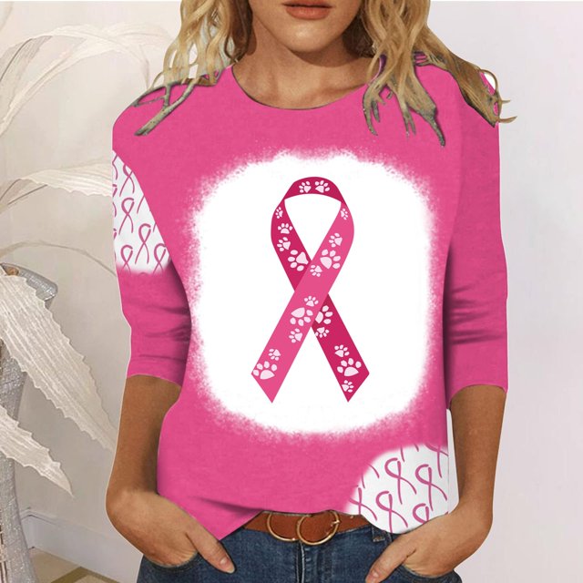 TIMIFIS Chandails de Sensibilisation au Cancer du Sein pour Femmes Ruban Chandail à Manches Longues Blouse Imprimée T-shirt Ample Blouse à Manches 3/4 Col Rond Hauts Décontractés Automne/hiver