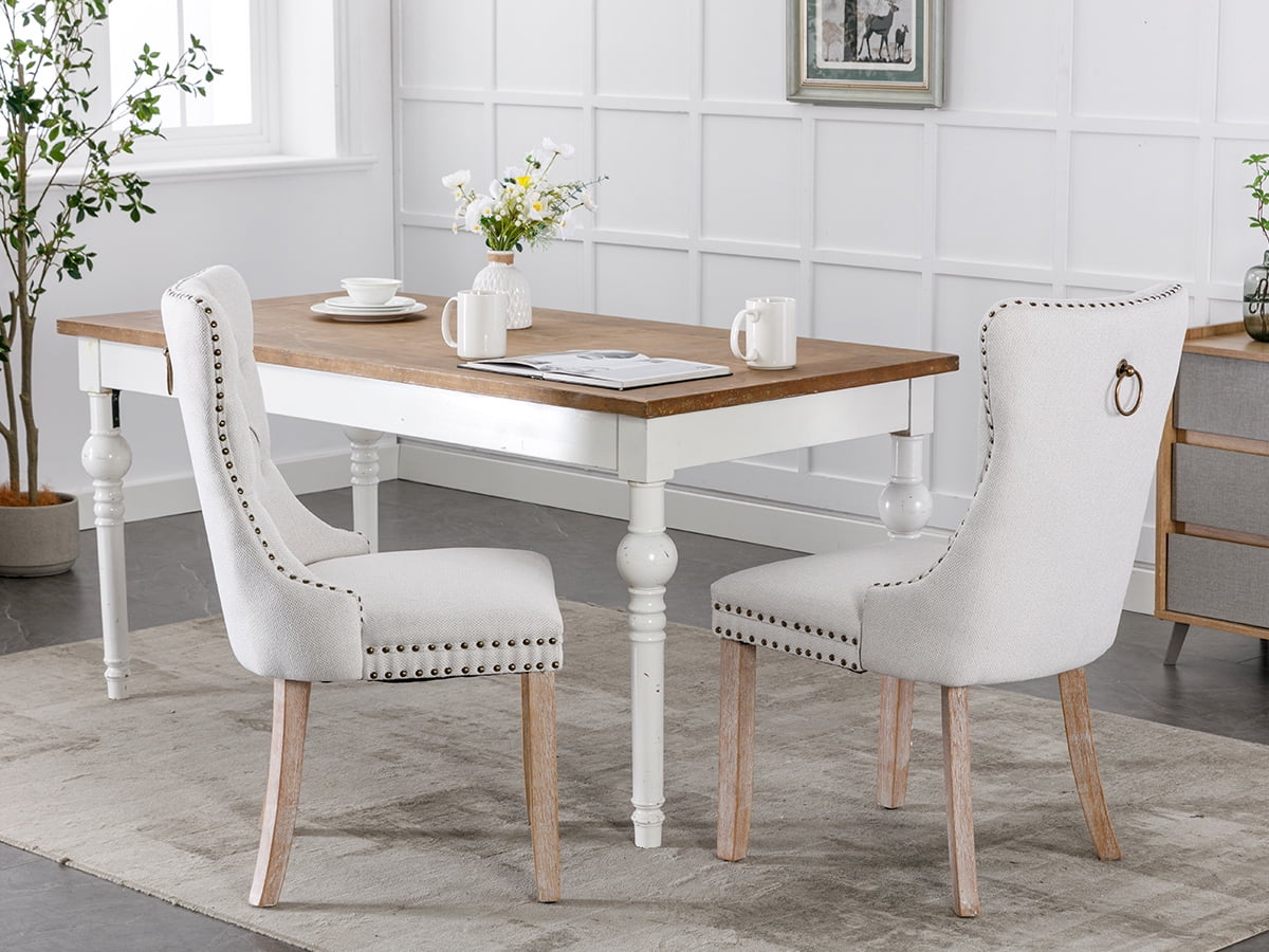 ODUSE-DAILY Beige Linen Dining Chairs Set of 2, Kitchen & Dining Room Chairs, Nailheads Tufted Chair, Sillas De Comedor, Fabric Upholstered, Wood Legs (Beige, 2 Pcs)