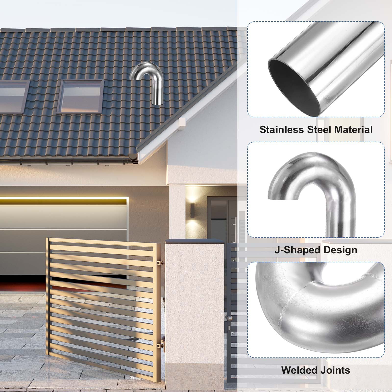 Uxcell Stainless Steel Roof Vent Pipe, 3 Inch Dia Welded Hook-Type J-Shaped Roof Exhaust Vent Cap Ventilation Duct Cover for RV Boat Kitchen Bathroom Chimney Attic, Silver