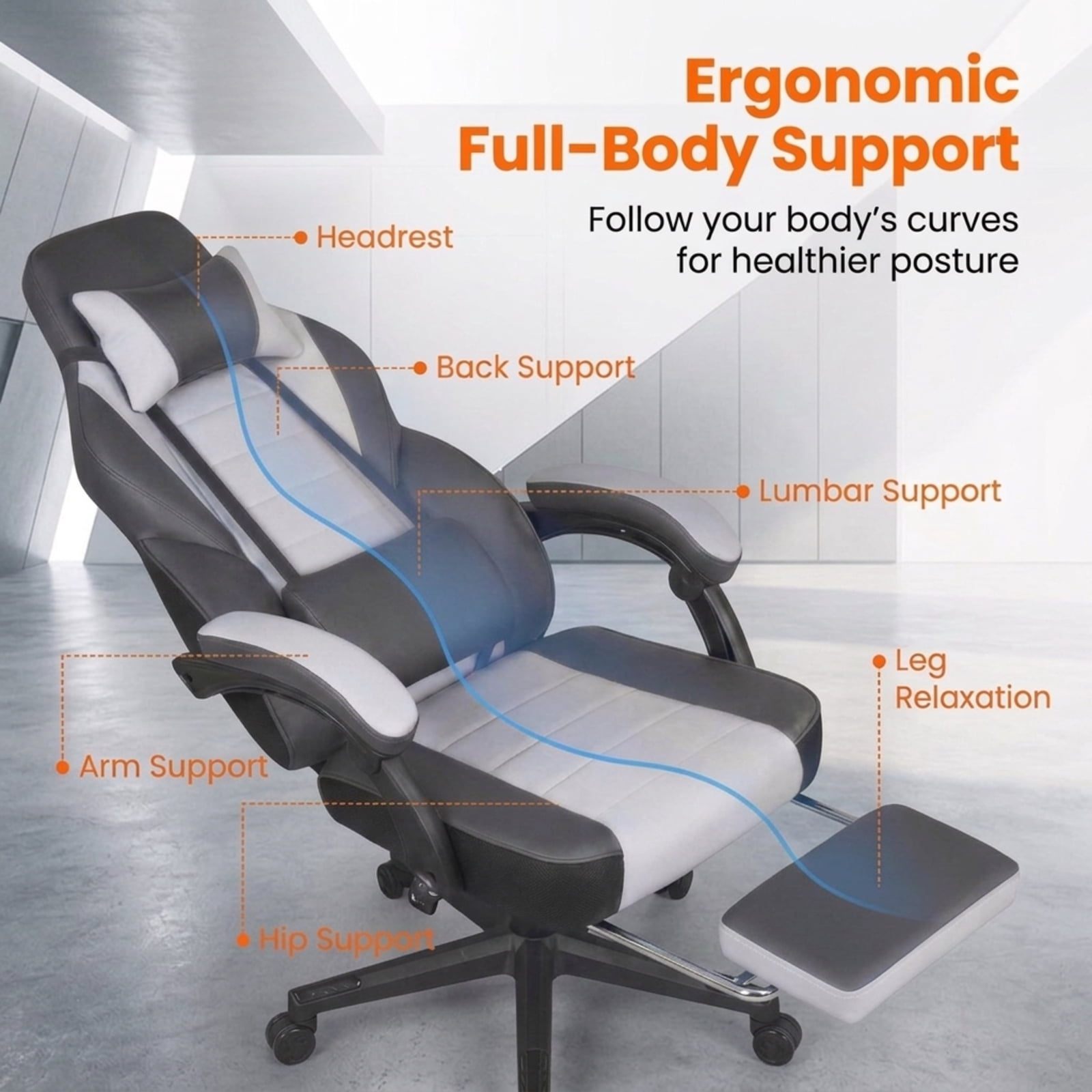 Furnibear Ergonomic Video Game Chair with Headrest 155 Degree Reclining Backrest Retractable Footrest and Swivel Base for Home Office, Gray