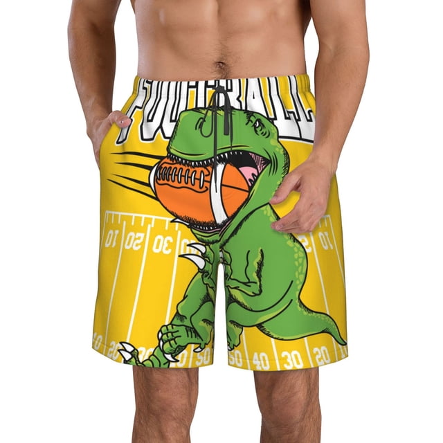 Sikiie T-Rex Playing Football Print Men's Beach Shorts, High Elastic Quick-drying Shorts - with Drawstring and Slip Pockets, Suitable for Beach, Sports, Vacation-3X-Large