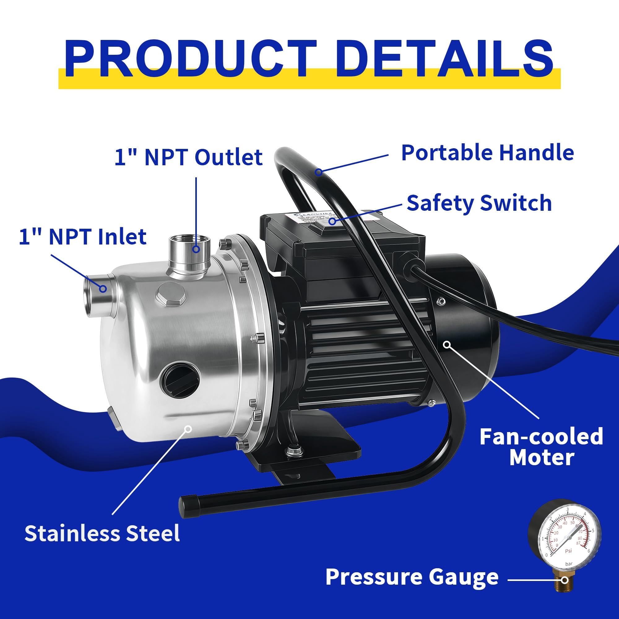 LANCHEZ 1.2 HP Stainless Steel Shallow Well Pump 115V 2100 GPH Water Booster Jet Pump