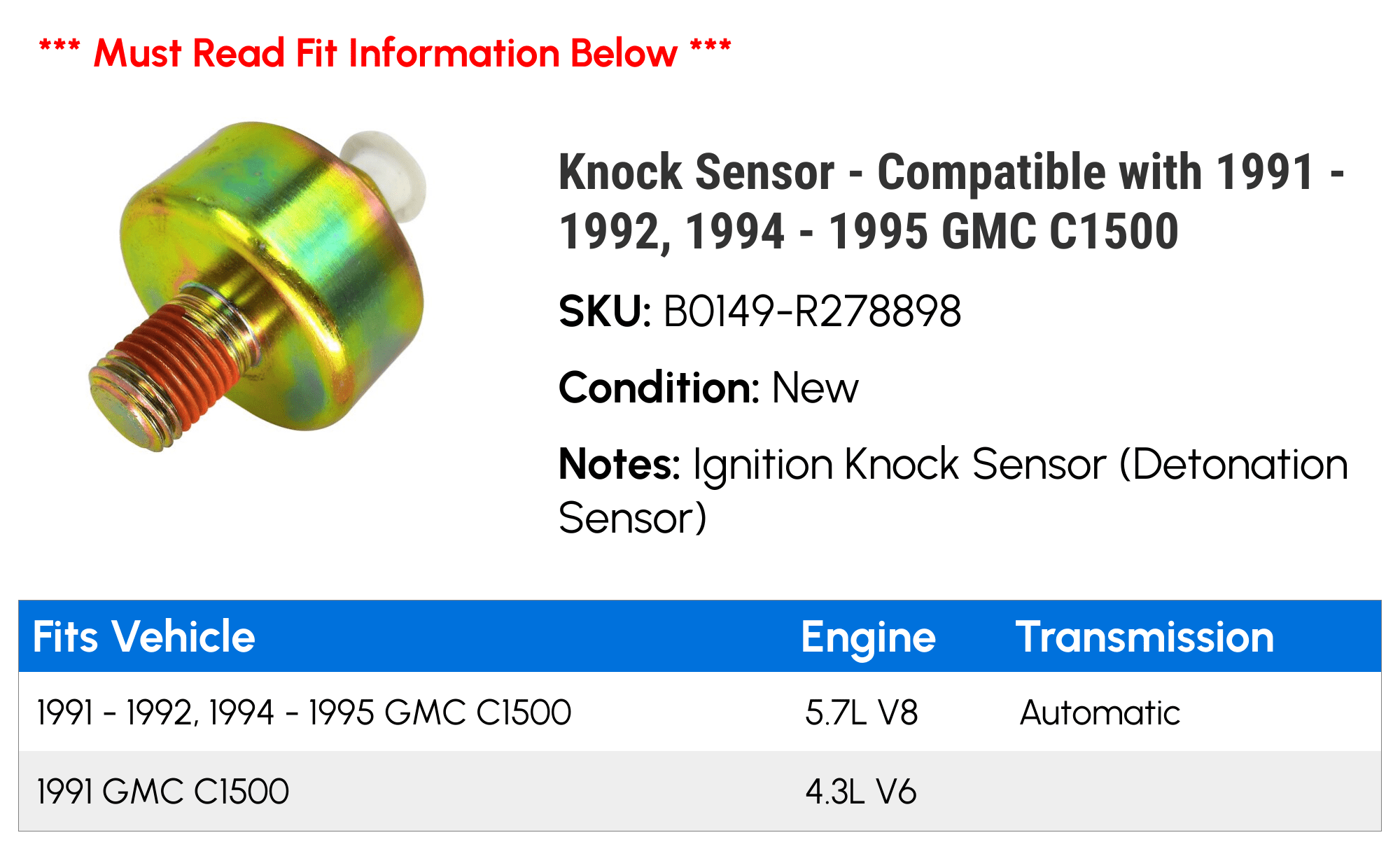 Knock Sensor - Compatible with 1991 - 1992, 1994 - 1995 GMC C1500