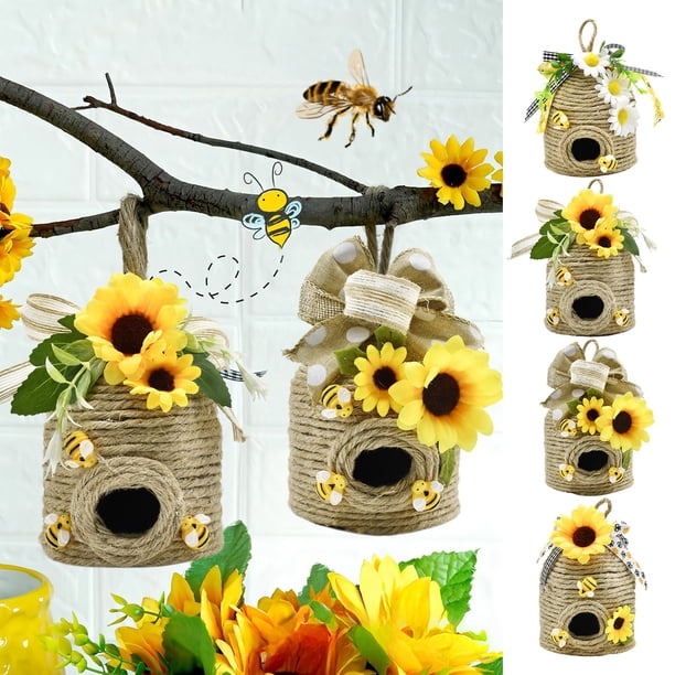 Adorno de cuerda tejida para el árbol de Pascua Adorno redondo de panal de girasol, regalo de decoración para el hogar amarillo 12x10cm, no tejido y duradero para la decoración primaveral