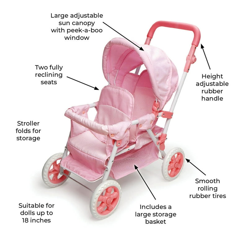 Folding Double Front to Back Doll Stroller Pink Gingham