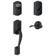 Schlage Camelot Trim Aged Bronze Electronic Keyless Deadbolt and Exterior Door Handleset with Accent Door Lever Rated AAA Security