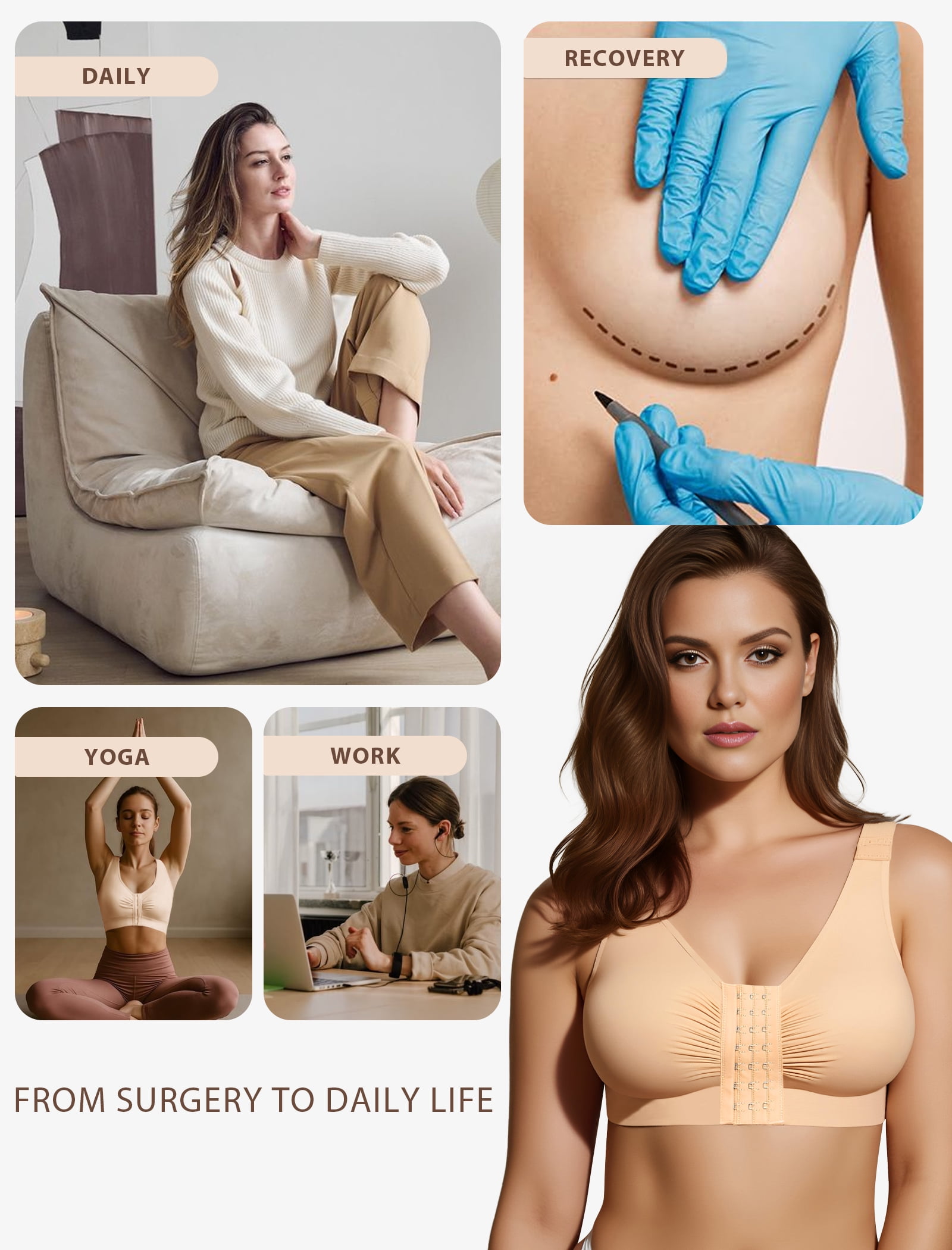 Easybunny Post Surgery Compression Bra - Women's Front Closure Bra with Adjustable Straps Wirefree