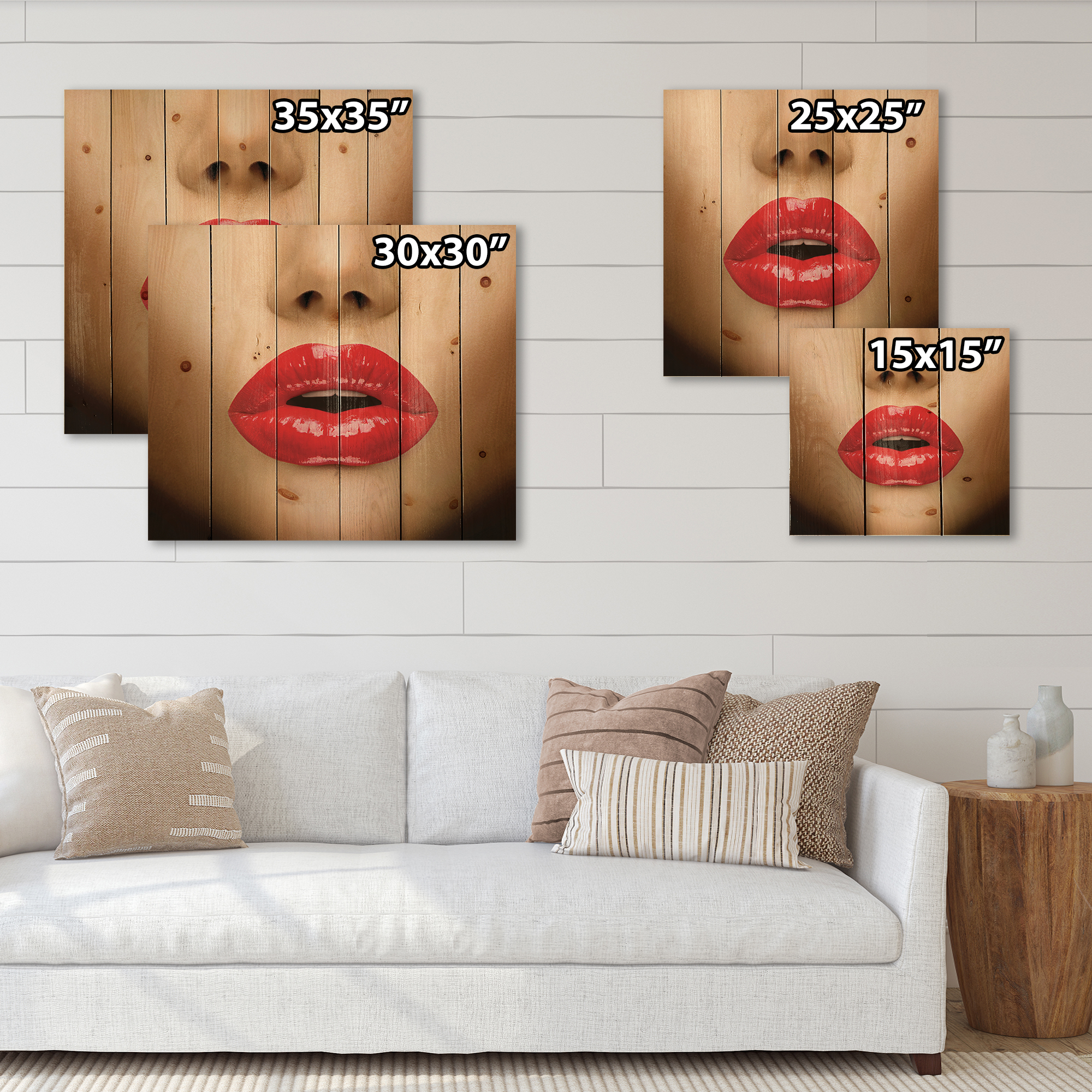 Designart 'Sexy Woman Lips Beautiful Make-Up Close-Up Kiss' Modern Print on Natural Pine Wood