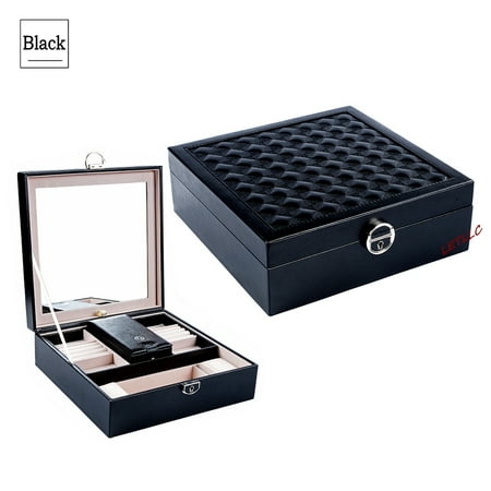 Black Leather Jewelry Box Lily Treacy Wood Jewelry Make up Organizer Case Box 2-tray Extra Travel case Black/White Deluxe PU Leather Finish Multi function Lockable with Mirror (Black) ()