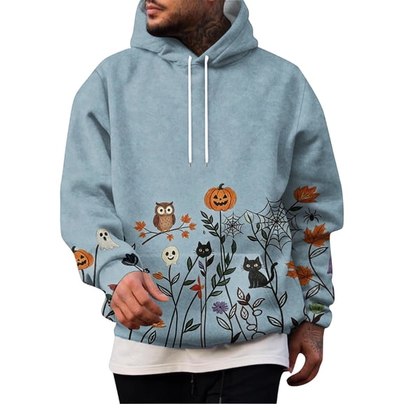 Hsovts Men’s Long Sleeve Halloween Pumpkin Spider Web Ghost Print Hooded Sweatshirt, Gradient Color Drawstring Pullover Casual Holiday Top Blue L