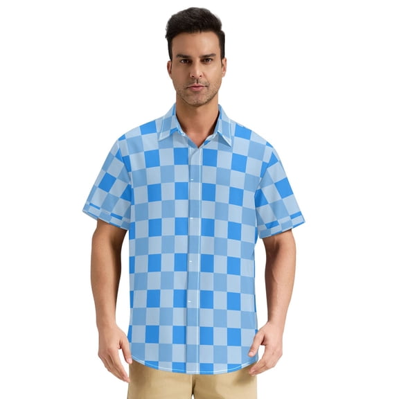 Dailycode Men's Casual Button Down Shirts Short Sleeve Summer Hawaiian Beach Shirt, Bright Blue White Gingham