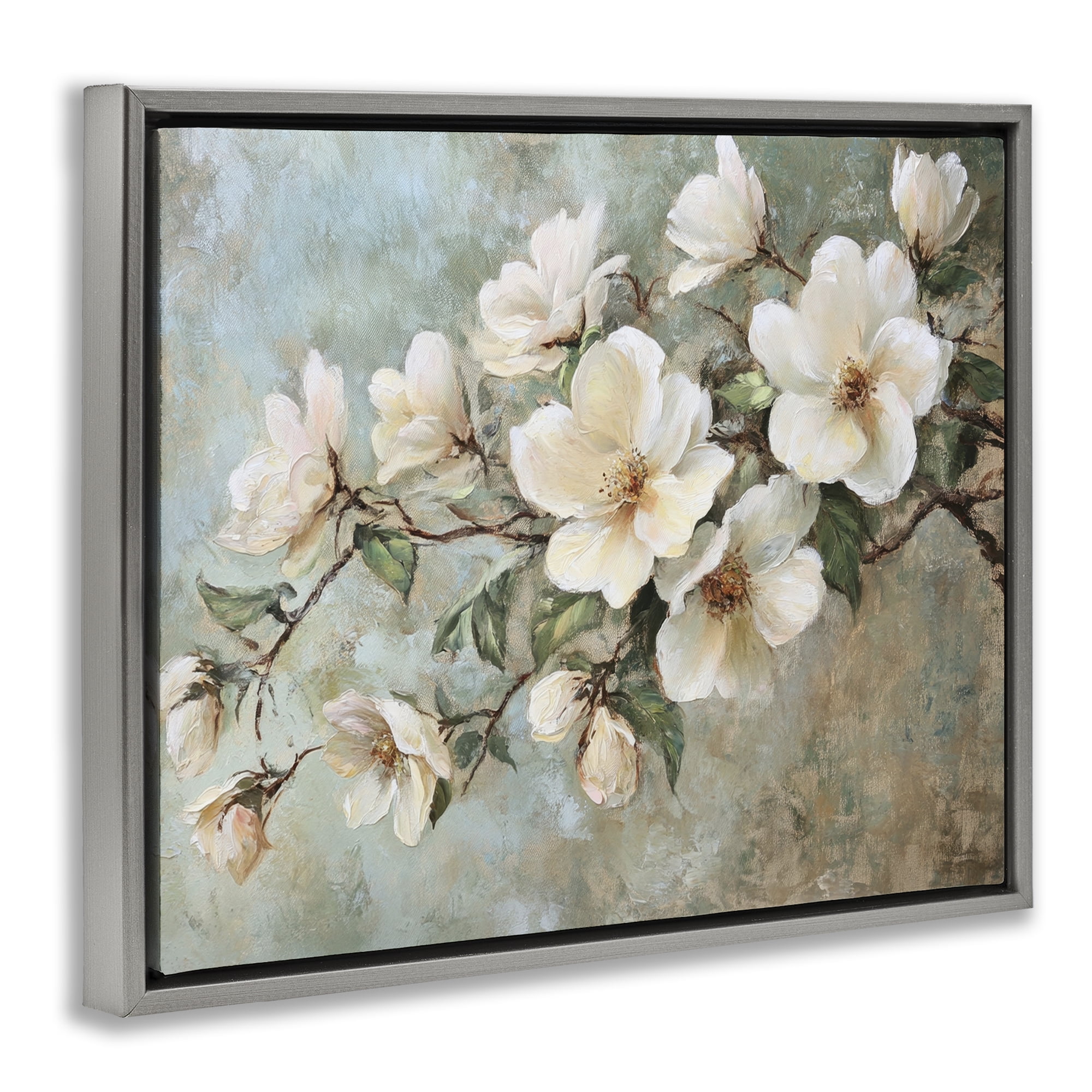 Stupell Industries In Bloom Flower Branch Plants & Flowers Painting Gray Floater Framed Canvas Art Print Wall Art, 21 x 17