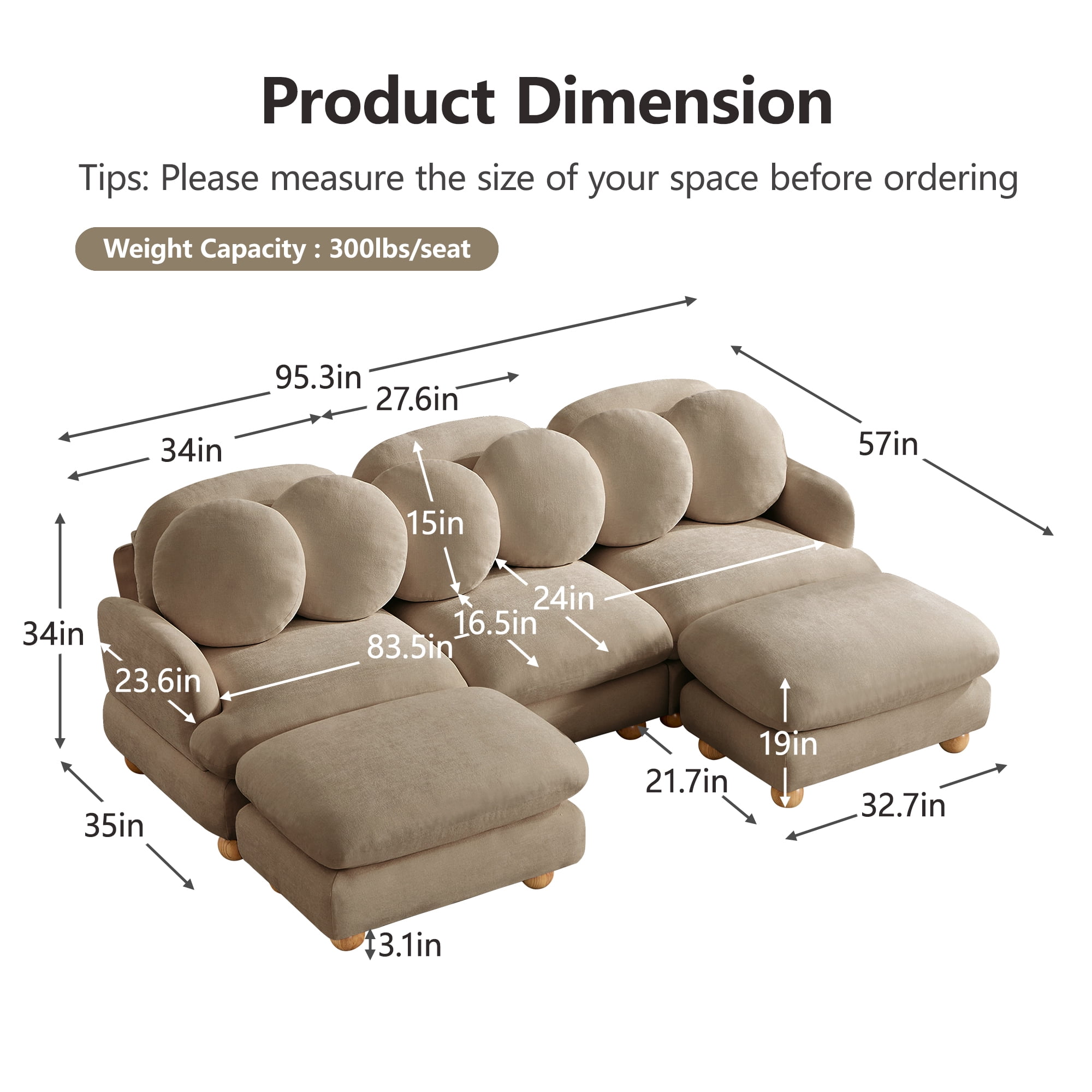95" U-shaped 5 Seater Chenille Modular Sectional Sofa Couch with 6 Throw Pillows and 2 Ottoman