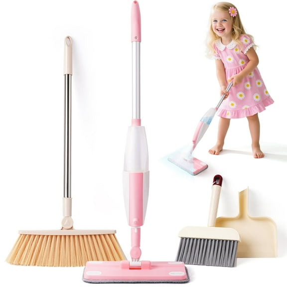 Kids Cleaning Toy Set,Pink Mini Spray Mop Montessori Toys Pretend Play Cleaning Tool for Toddlers with Spray Mop & Kids Broom Dustpan Set Cleaning Toys Gift for Toddlers Girls Boys Age 3 
