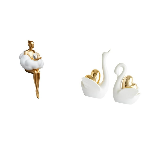 Escultura De Resina Estética De Chica Nube Y Figuras De Pareja De Cisnes, Decoración Artística Abstracta Creativa Para Estanterías De Oficina Y Exhibiciones De Mesa.