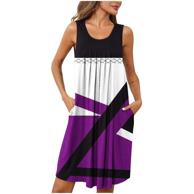Ovzne Robes Grande Taille pour Femmes Rondes Robe d'Été Femmes Imprimé avec Poches Chemises de Nuit Sans Manches Vêtements de Nuit Plissée devant Chemise de Nuit Col Rond Robe de Printemps Imprimée Claire