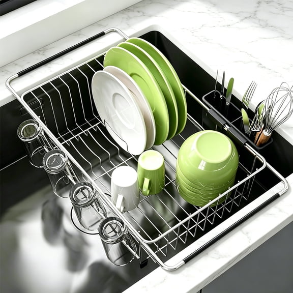 Asunby Dish Drying Rack in Sink, Expandable Stainless Steel Dish Drainers for Kitchen Counter, Dish Dryer Rack for Inside Sink, Over The Sink Dish Racks with Utensil Holder, Silver
