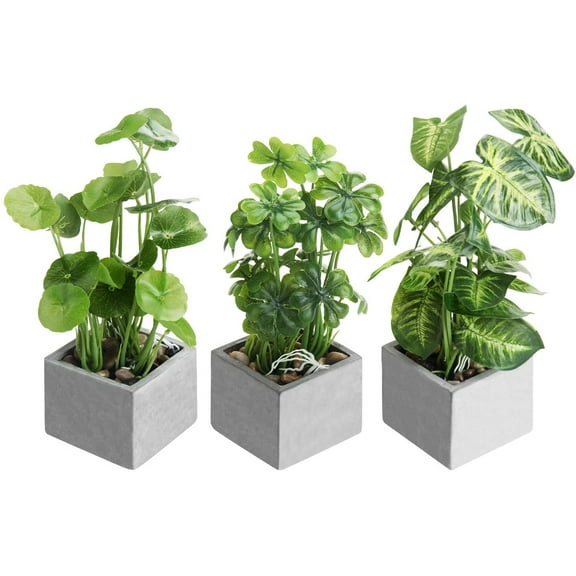 MyGift Artificial Taro Plants Faux Greenery in Gray Cement Square Pots, Set of 3
