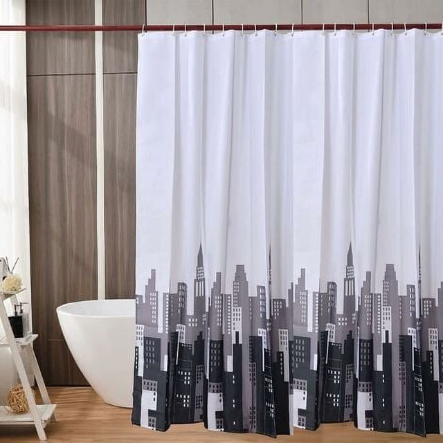 Cortina de Ducha Impermeable Antimoho 180 x 200 cm Cortina de Ducha de Tela Antiarrugas con 12 Ganchos y Dobladillo Ponderado (Ciudad)