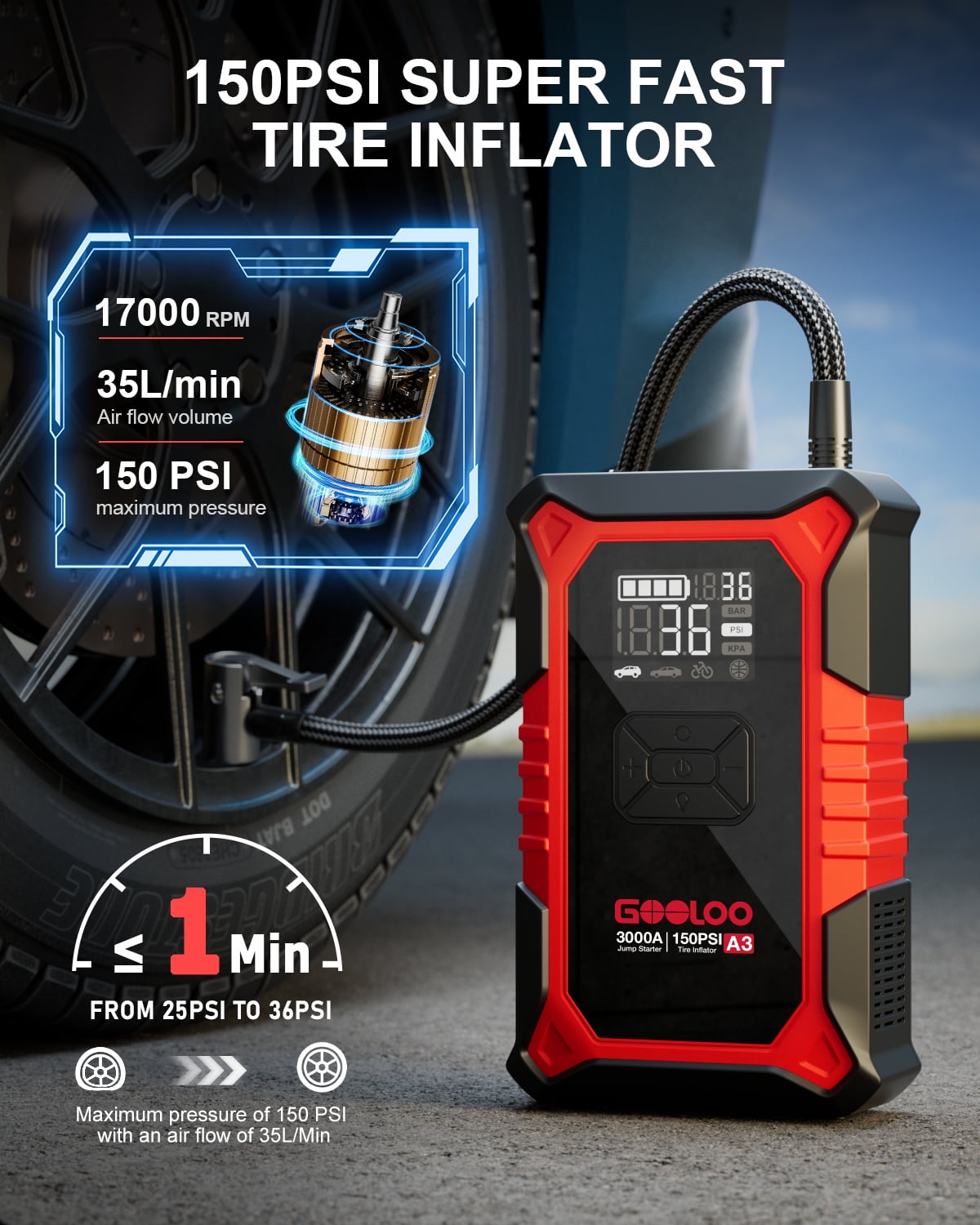 Gooloo Jump Starter with Air Compressor, 3000A Portable Car Battery Jump Starter (9.0L Gas/6.5L Diesel) with 150PSI Digital Tire Inflator, 12V Car Battery Charger Booster with LED Light