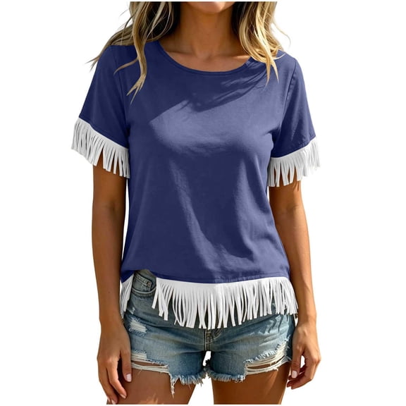 Admvng Women's T-Shirt Crew Neck Fringe Trim Short Sleeve Solid Casual Summer Tops
