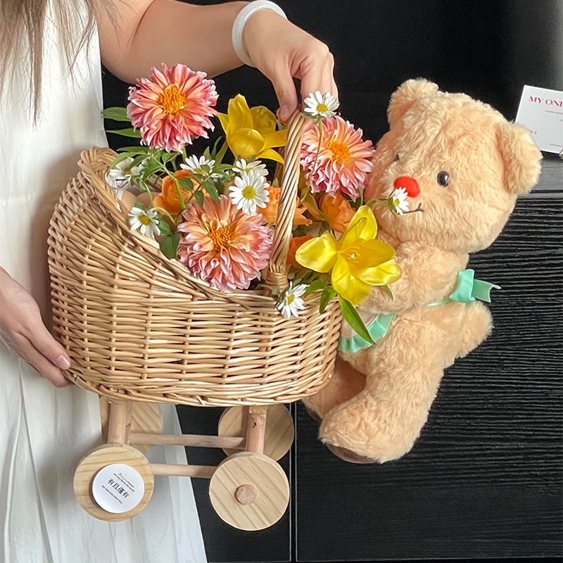 Stroller Flower Basket Baby Rolling Cart Woven Yellow