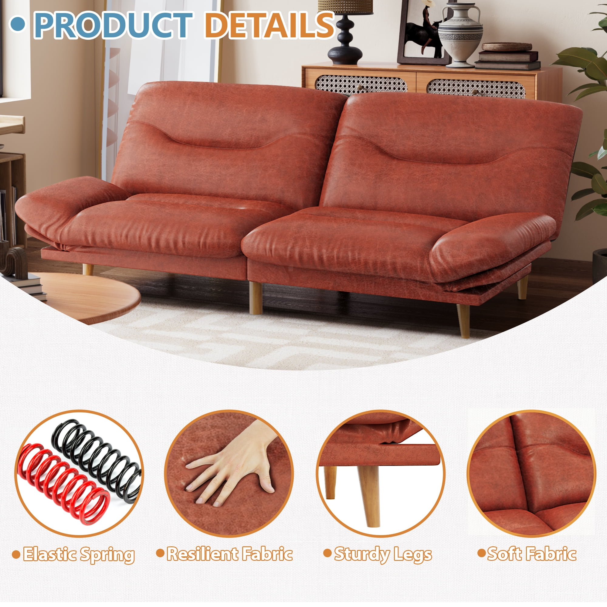 Homall Futon Sofa Bed with Adjustable Backrest & Five Angles Adjustable Armrests Sofa Couch for Small Spaces Living Room Office,PU Red