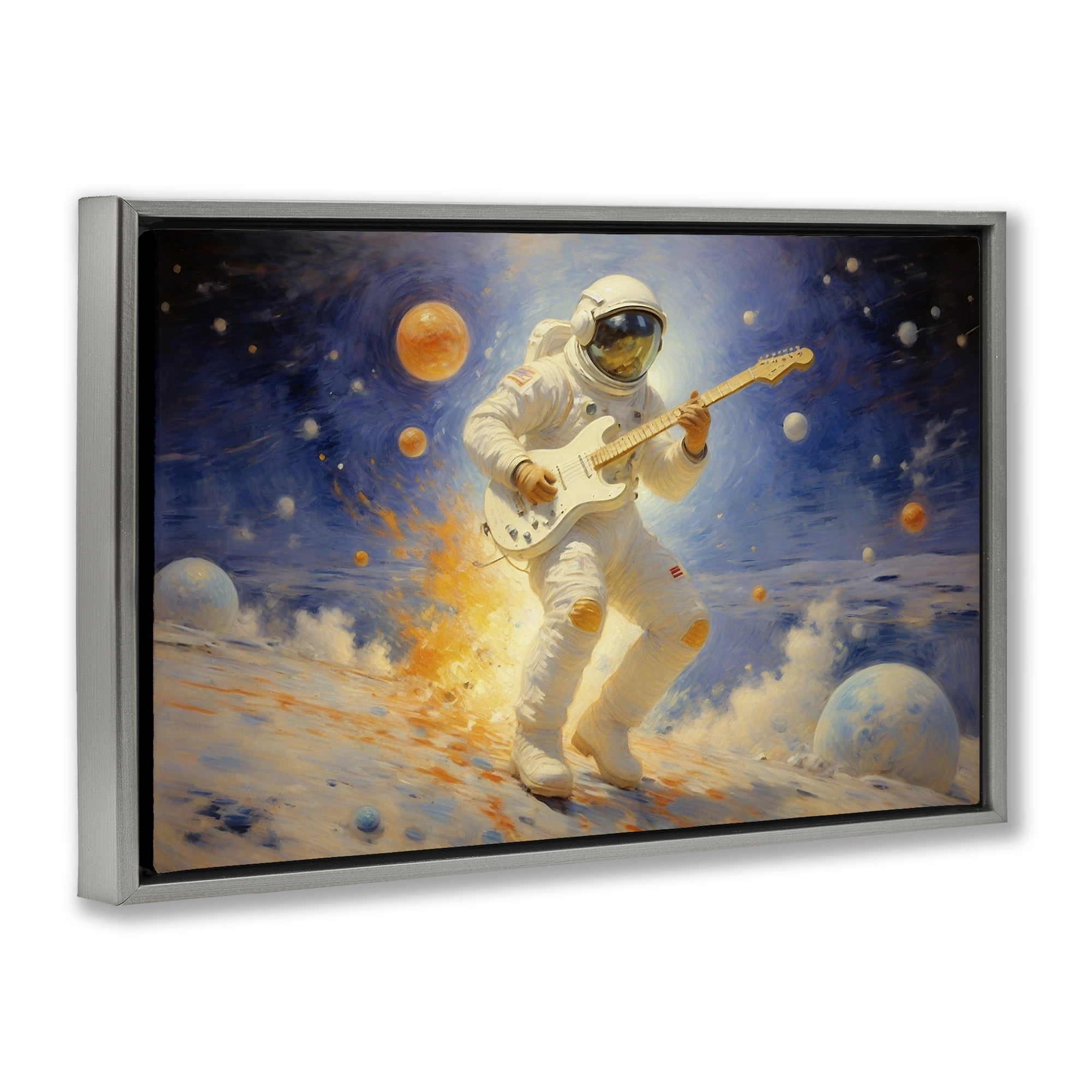 Space Astronaut Musician Gray Framed Floater Canvas Wall Art, design by Angie Hawke