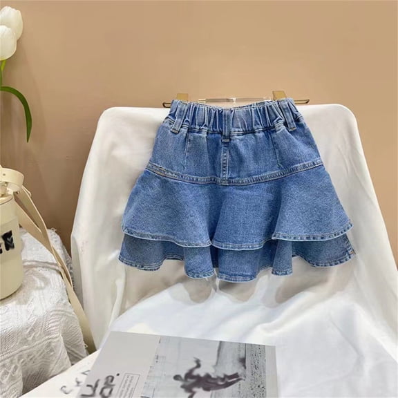 Rggeeun toddler Girls Skirt Washed Denim Elastic High Waist with Pockets Pleated Ruffle Lightweight for Summer Outdoor Play Kawaii Skirts,Blue,11-12 Years