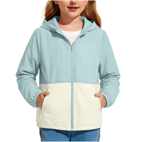 hoksml Girls UPF 50 Color Block Hooded Jacket, Sun Protection Windbreaker, Kids Zip Up Jacket with Pockets for Back to School