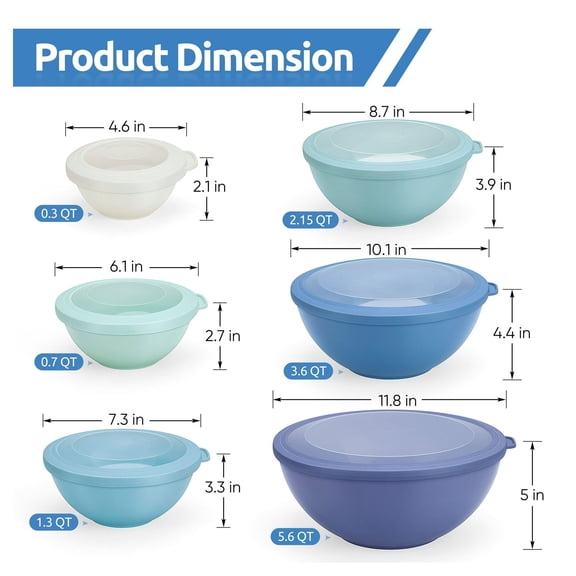 Mixing Bowls with Lids Set of 6, Plastic Nesting Bowls for Kitchen - Prep, Storage, Microwave Safe. BPA-Free Food Grade Containers for Mixing & Serving
