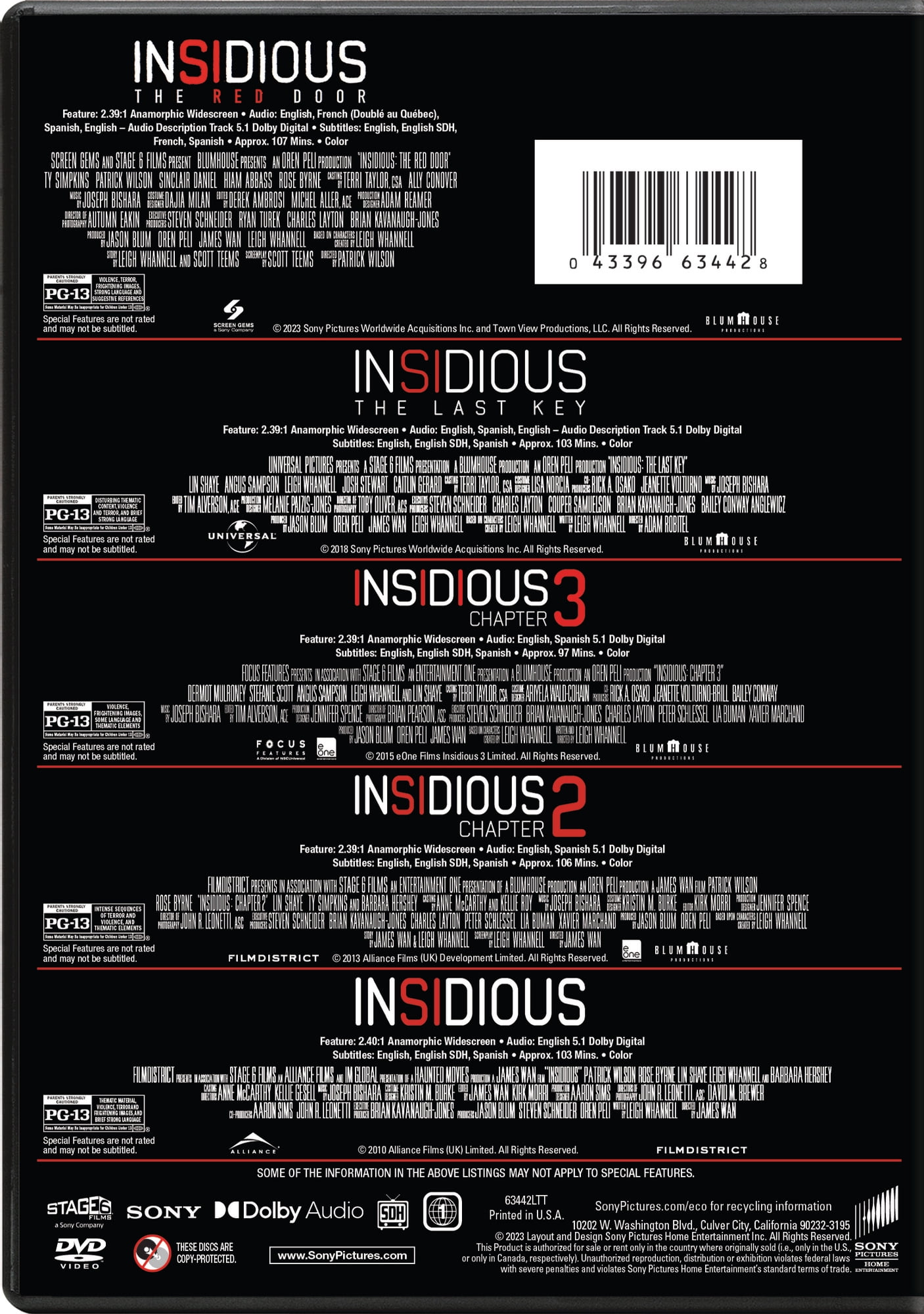 Insidious / Insidious: Chapter 2 / Insidious: Chapter 3 / Insidious: The Last Key / Insidious: The Red Door - Multi-Feature - DVD