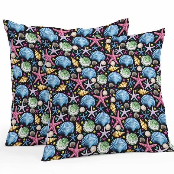 Outdoor Waterproof Pillow Covers Pack of 2, Summer Ocean Shell Starfish Conch Black Background Decorative Throw Pillowcases Cushion Covers for Garden Patio Tent Sofa Couch, 18x18 inch