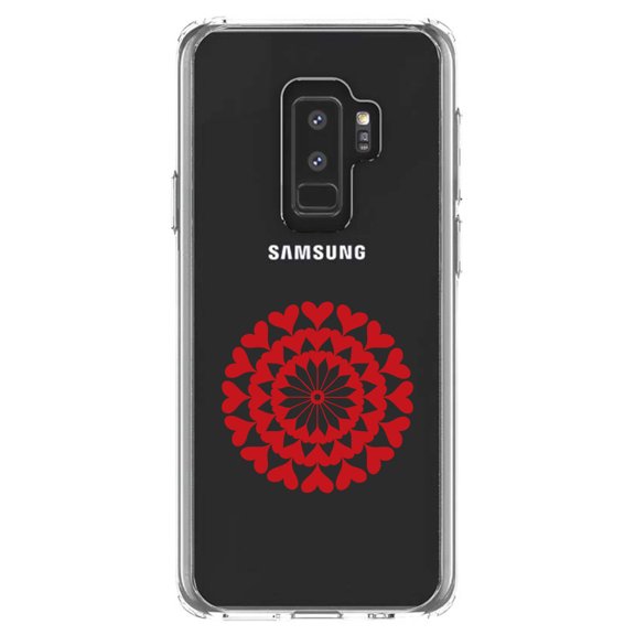 DistinctInk Clear Shockproof Hybrid Case for Samsung Galaxy S9  PLUS (6.2" Screen) - TPU Bumper Acrylic Back Tempered Glass Screen Protector - Red Hearts Mandala