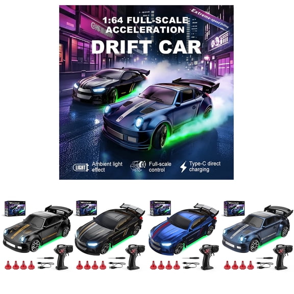 4pcs Mini RC Drift Car 1:64 Scale, Remote Control Car with LED Lights, 2.4GHz Stunt Drifting RC Toys with 4 Obstacles & Track Mat, Hobby Gift for Adults