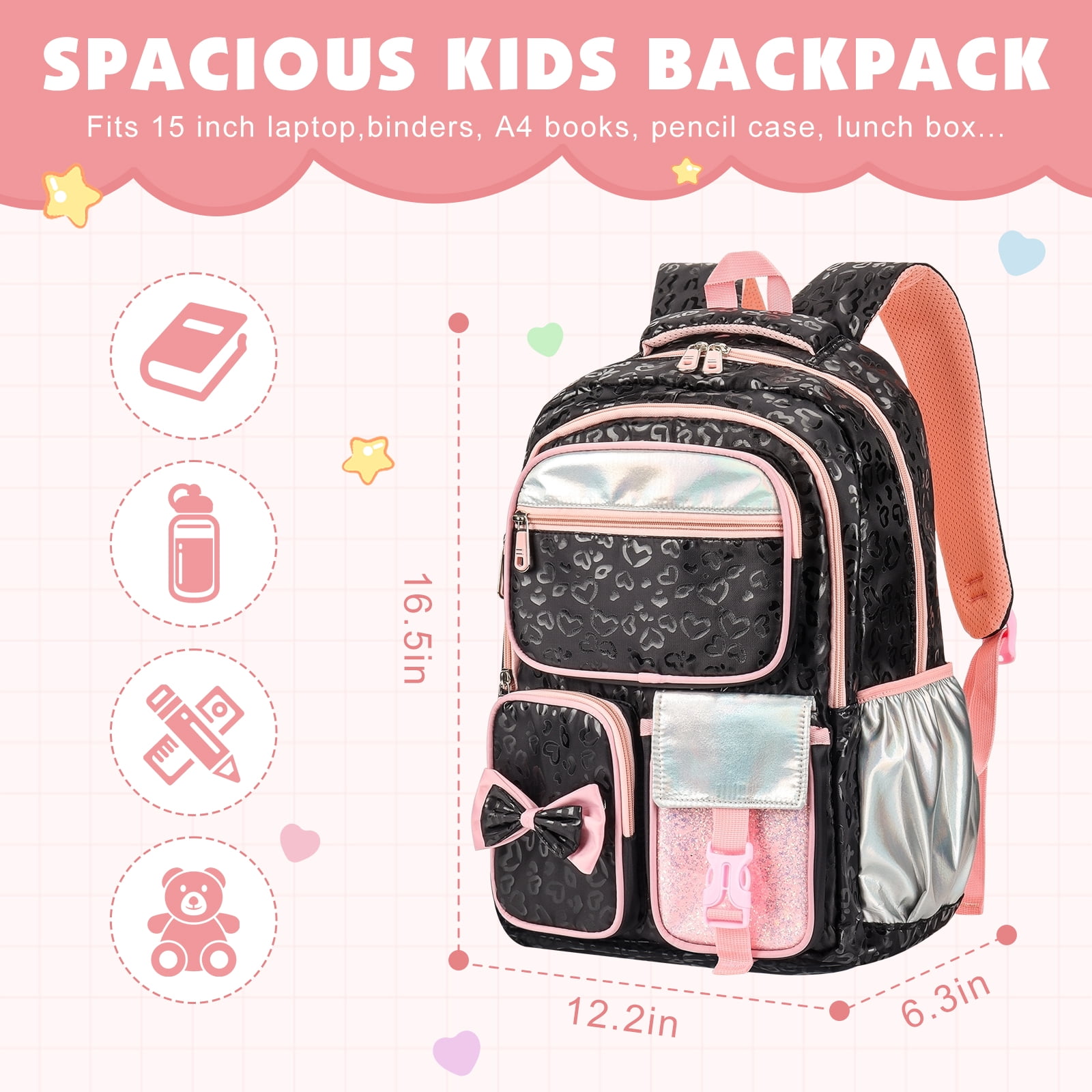 DAKIMOE School Backpack for Teens Cute Girlish Middle High School Bookbag Large Capacity Lightweight Waterproof Daypack for College Students, Black and Pink