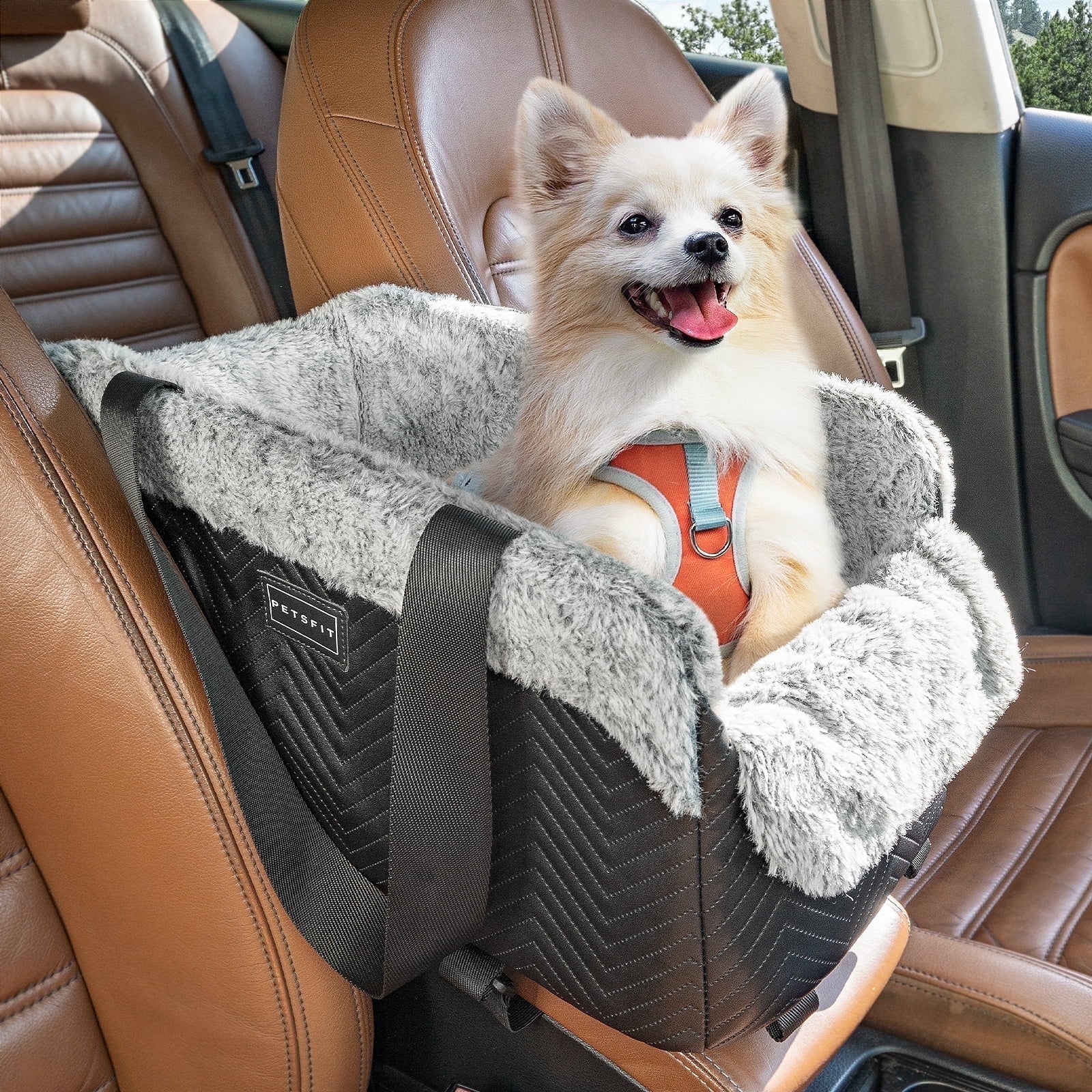 PETSFIT Center Console Dog Car Seat, Portable Car Seat for Dogs with Safe Protective Hooks, Luxury Dog Car Seats for Small Dogs, Dog Car Carrier Includes Safety Tether for Pets Up to 12 lbs (Black)