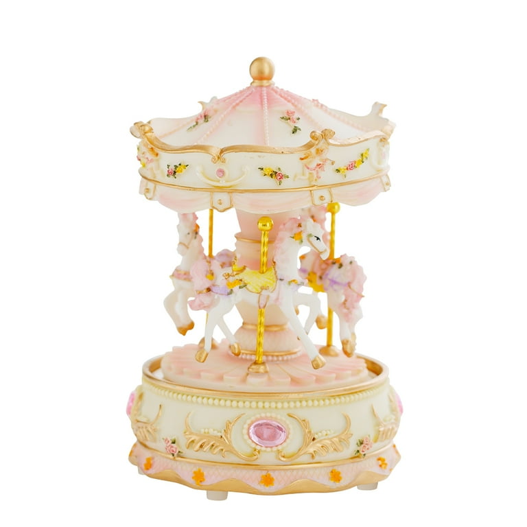 LOVE FOR YOU music box carousel unicorn, pink and white resin, LED