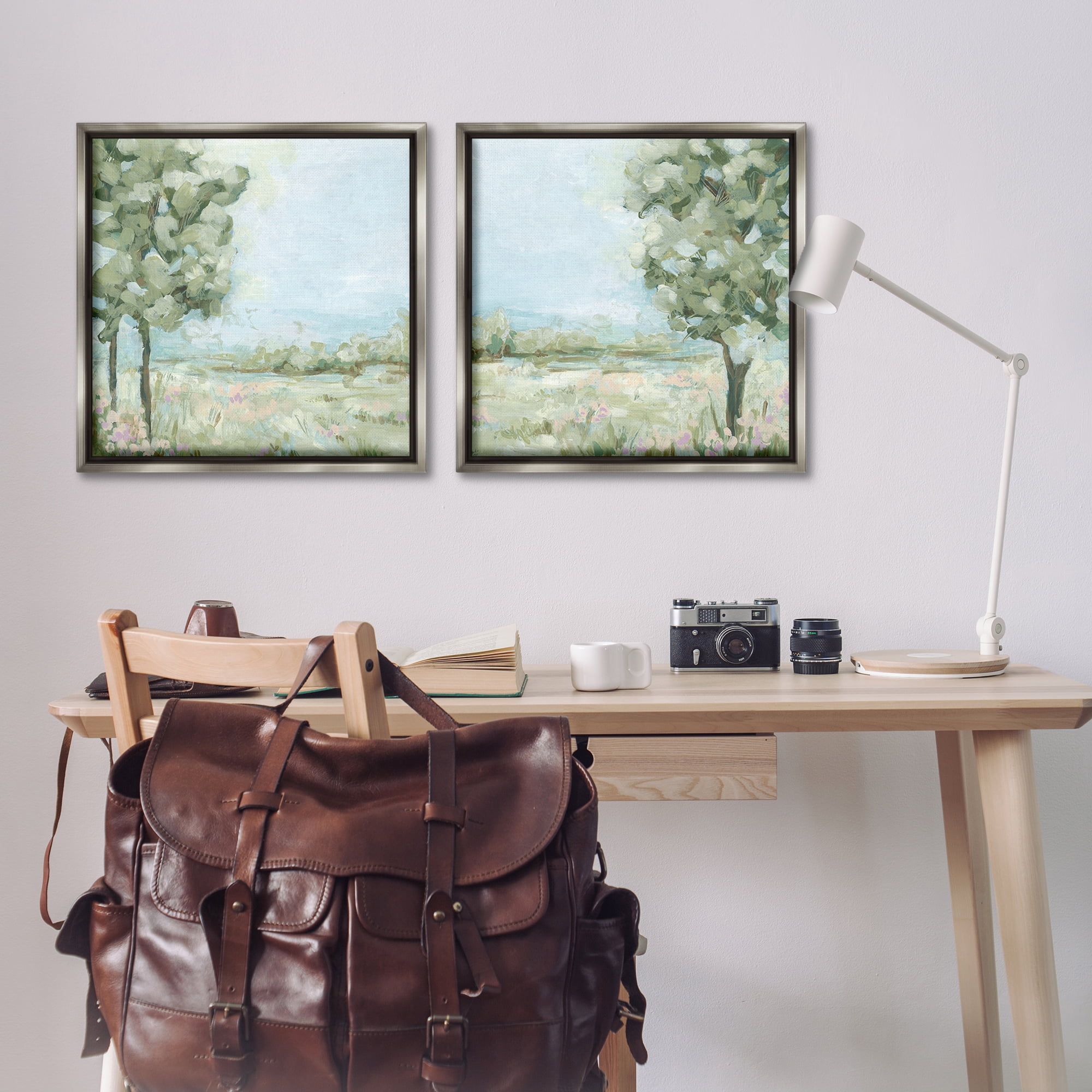 Stupell Industries Bright Spring Field Landscape Landscape & Nature Painting Gray Floater Framed Canvas Art Print Wall Art, 25 x 25, Set of 2