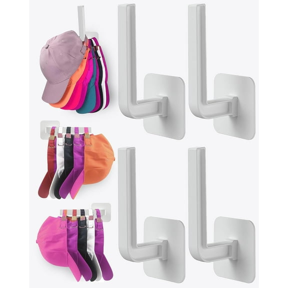 Hat Rack for Hat Storage (4-Pack), Multi-Purpose Hat Organizer, Strong Adhesive Hooks for Wall Organizer for Baseball Caps, Two Mounting Options Hook, White
